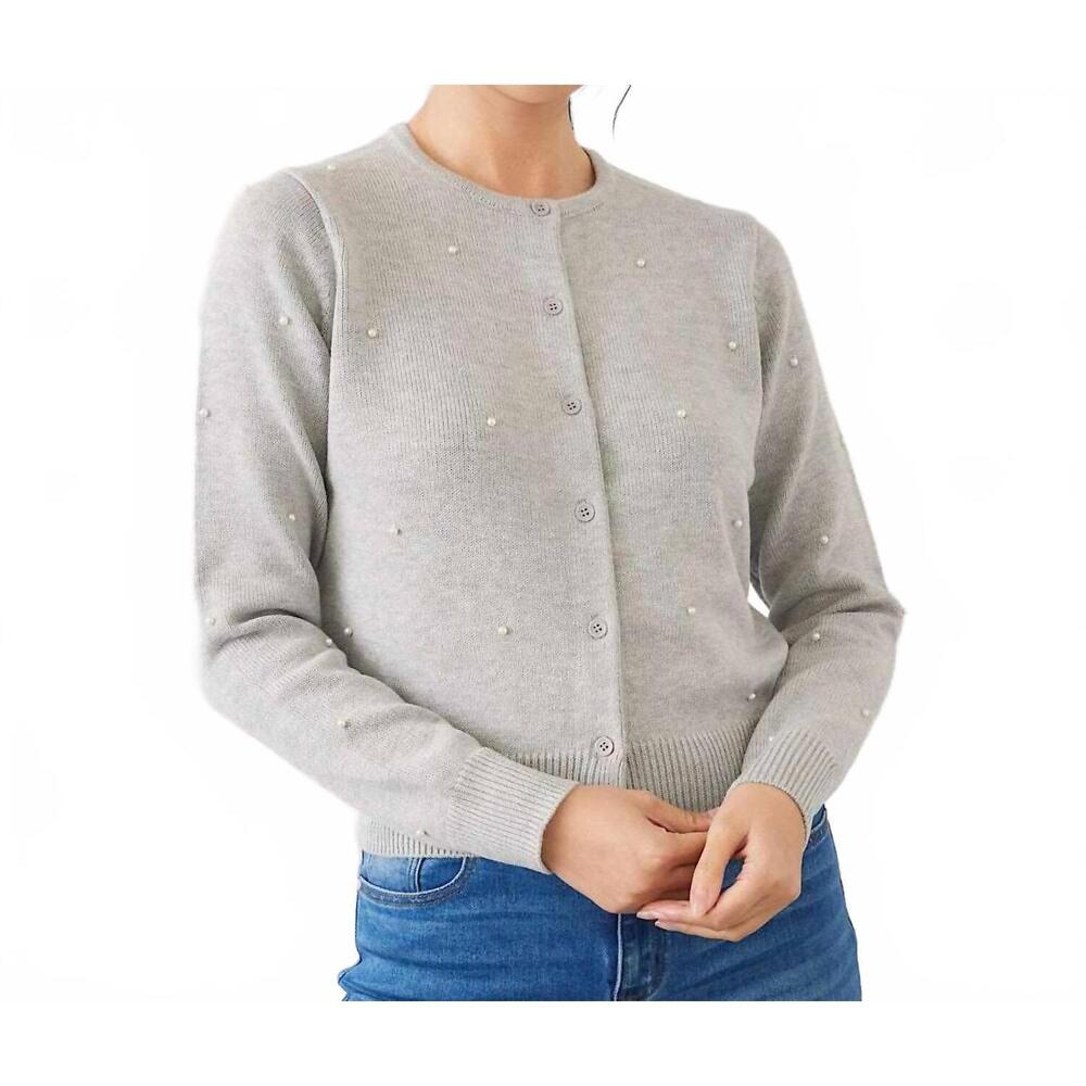 NEW KAREN KANE pearl cardigan sweater in gray